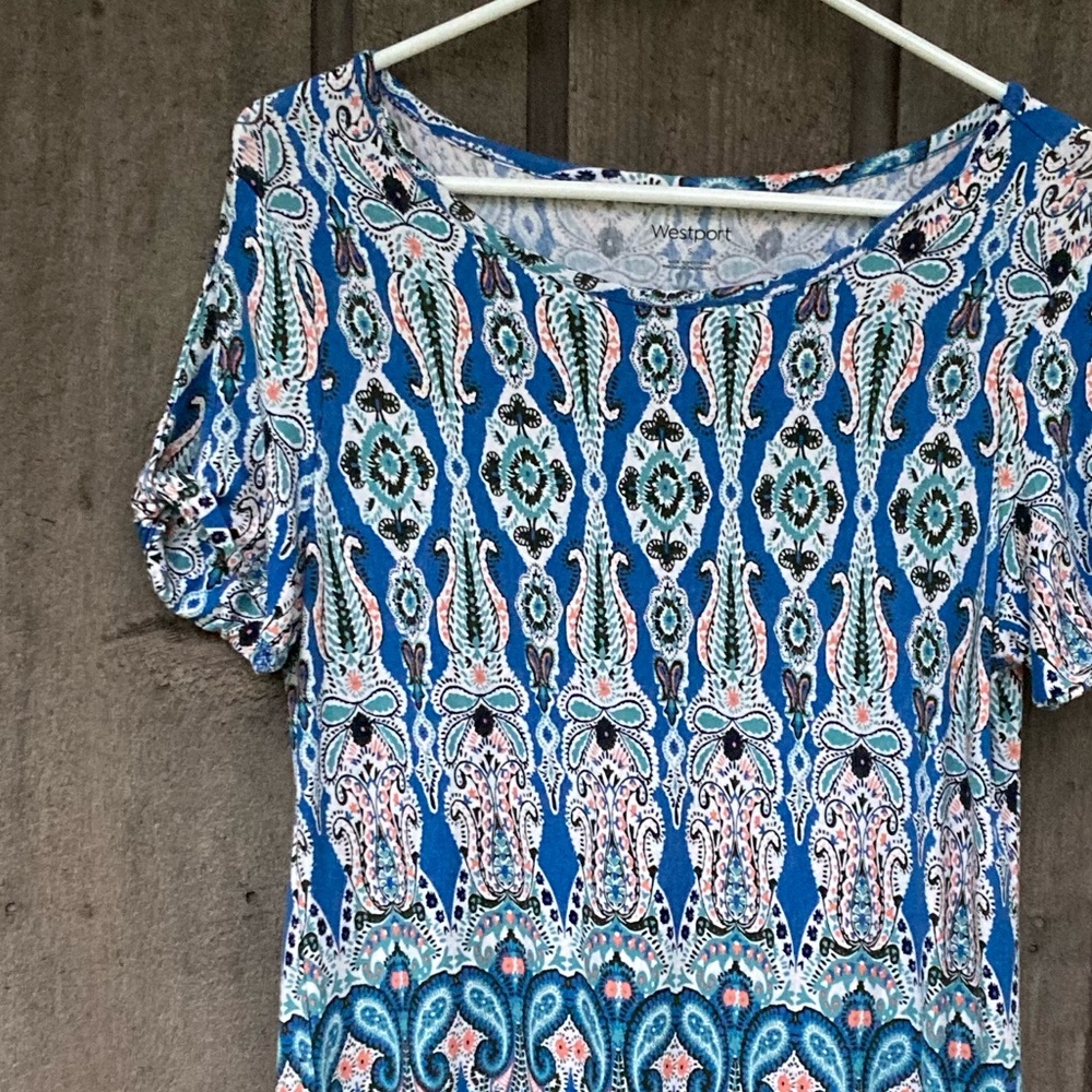 WESTPORT Top Short Sleeve Rayon Paisley Colorful Blue Green Black Size Small